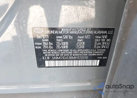 2021 Hyundai Santa Fe Se z USA, uszkodzony, nr VIN 5NMS1DAJ8MH322590